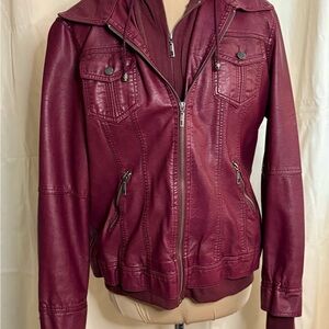 Burgundy Faux-Leather Bomber Jacket with Ribbed Cuffs